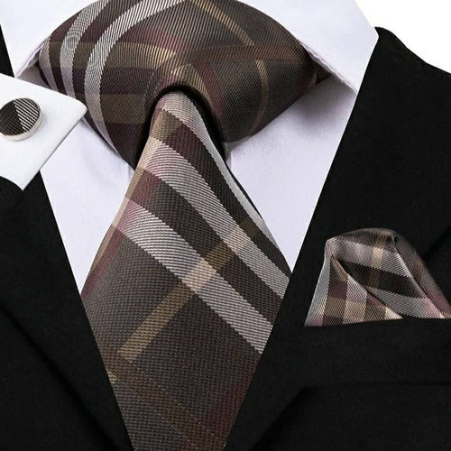 Men's Necktie Brown Silk Cufflink Set