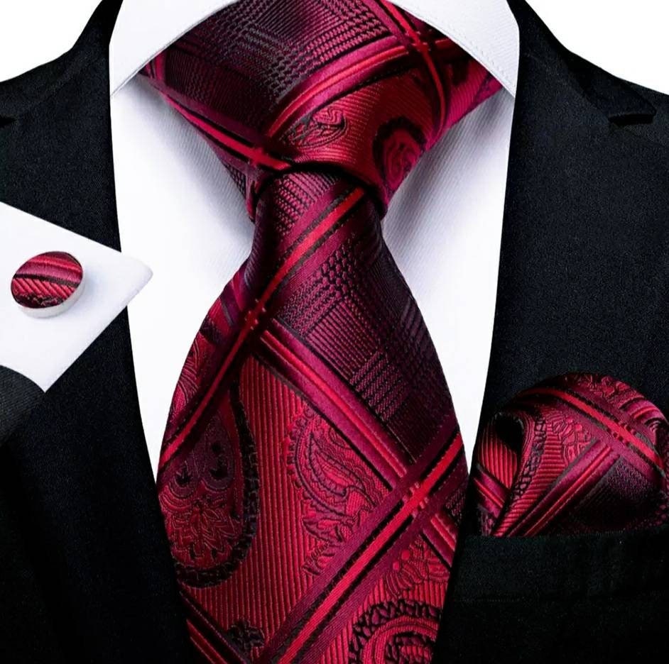 Men's Red Silk Necktie Pocket Square Cufflink Set