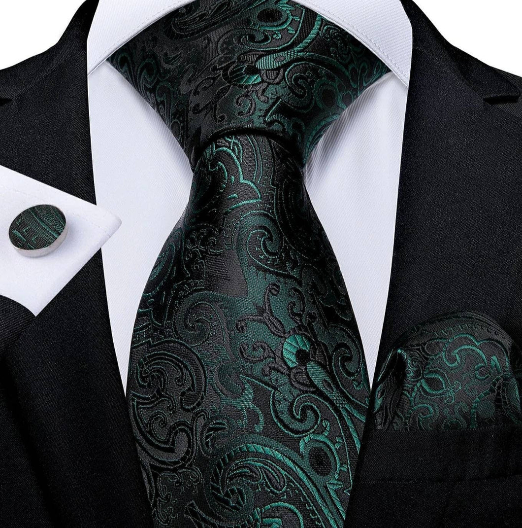Men's Green Gold Floral Classic Silk Tie Necktie Set