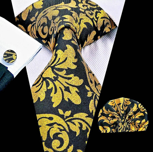 Men's Grey Gold Floral Silk Necktie Set 