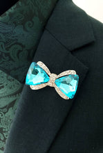 Load image into Gallery viewer, Crystal Bow Lapel Pin with 3 Silver Chains 
