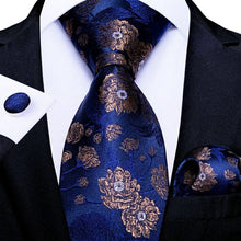 Load image into Gallery viewer, Men&#39;s Blue Gold Necktie Pocket Square Cufflink Set
