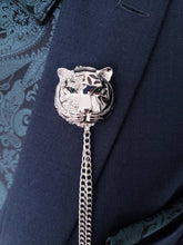 Load image into Gallery viewer, Crystal Tiger Lapel Pin with 2 Gold or Silver Chains 
