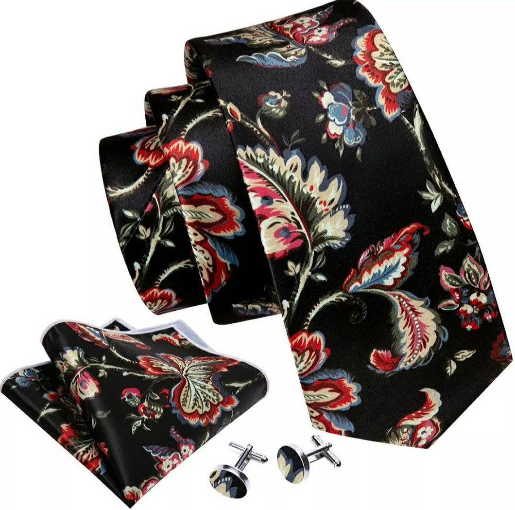 Men's Black Silk Necktie Square Cufflink Set