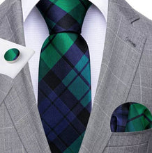 Load image into Gallery viewer, Men&#39;s Blue Green Necktie Pocket Square Cufflink Set
