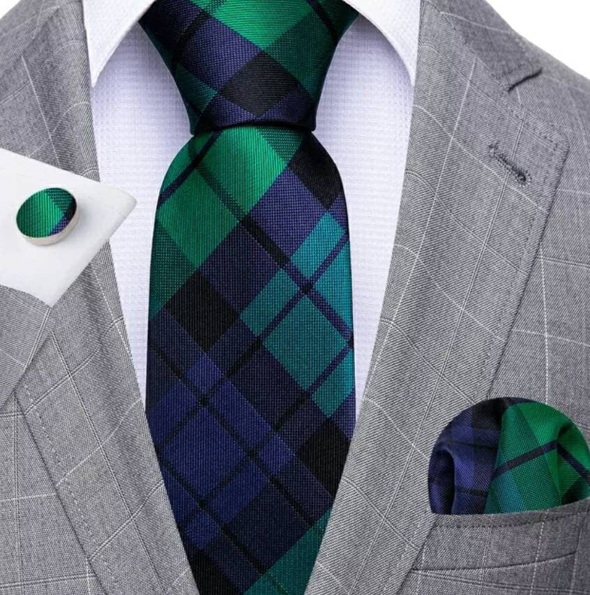 Men's Blue Green Necktie Pocket Square Cufflink Set