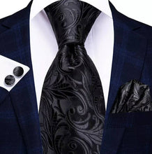 Load image into Gallery viewer, Men&#39;s Black Silk Necktie Square Cufflink Set
