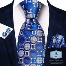 Load image into Gallery viewer, Men&#39;s White Blue Polka Dot Silk Necktie Set
