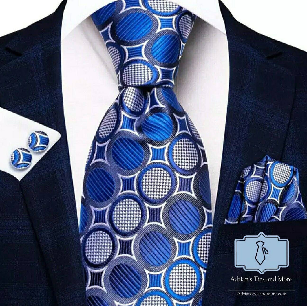 Men's White Blue Polka Dot Silk Necktie Set