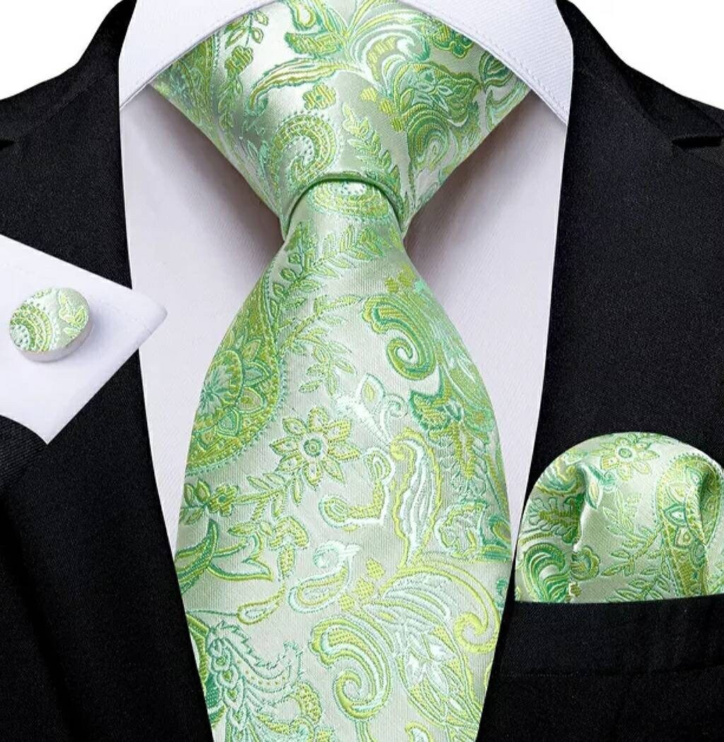 Men's Green Necktie Pocket Square Cufflink Set