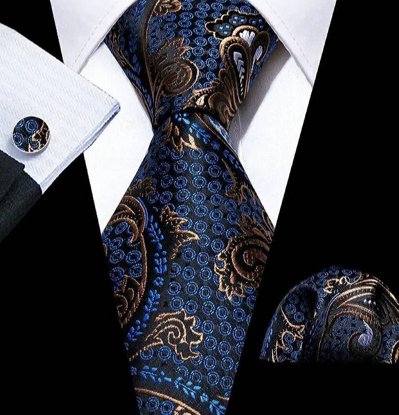 Men's Blue Gold Floral Silk Necktie Set