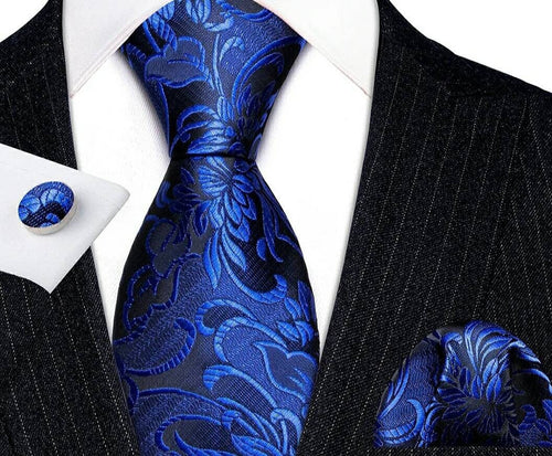 Men's Silk Necktie Pocket Square Cufflink Set - Blue
