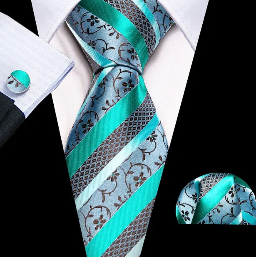 Men's Turquoise Brown Floral Silk Necktie Set