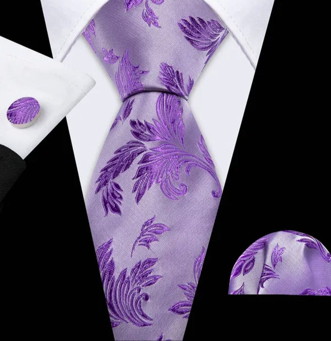 Men's Purple Necktie Pocket Square Cufflink Set
