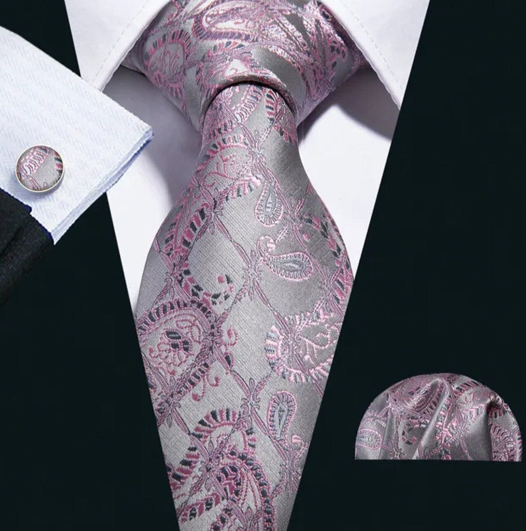 Men's Grey Pink Silk Necktie Pocket Square Set
