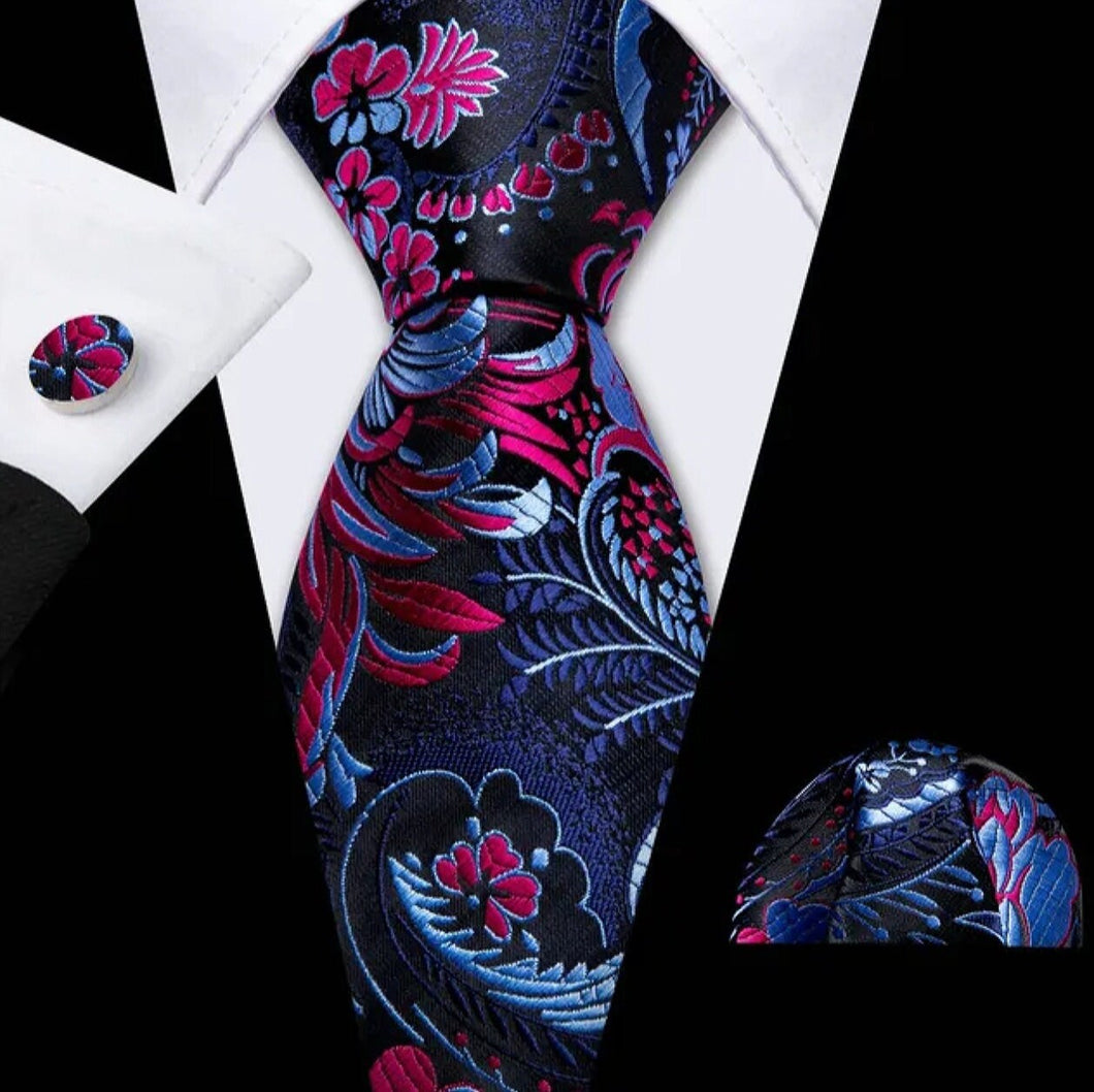 Men's Silk Necktie Pocket Square Cufflink Set