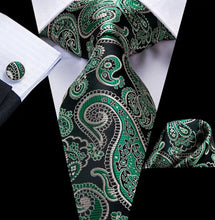 Load image into Gallery viewer, Men&#39;s Green Silk Necktie Pocket Square Cufflink Set
