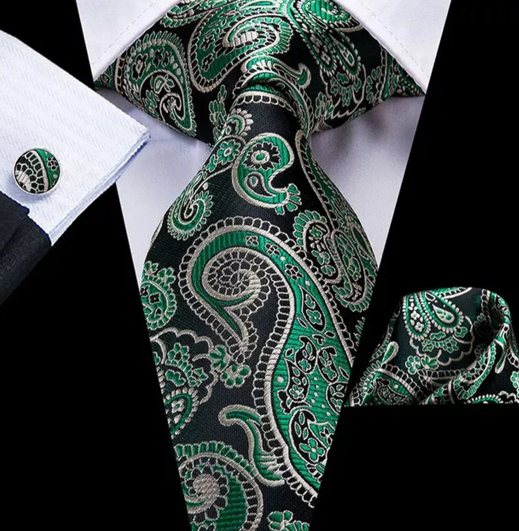 Men's Green Silk Necktie Pocket Square Cufflink Set