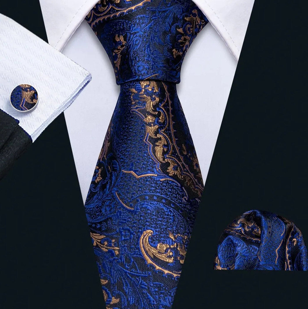 Men's Blue Gold Necktie Pocket Square Cufflink Set
