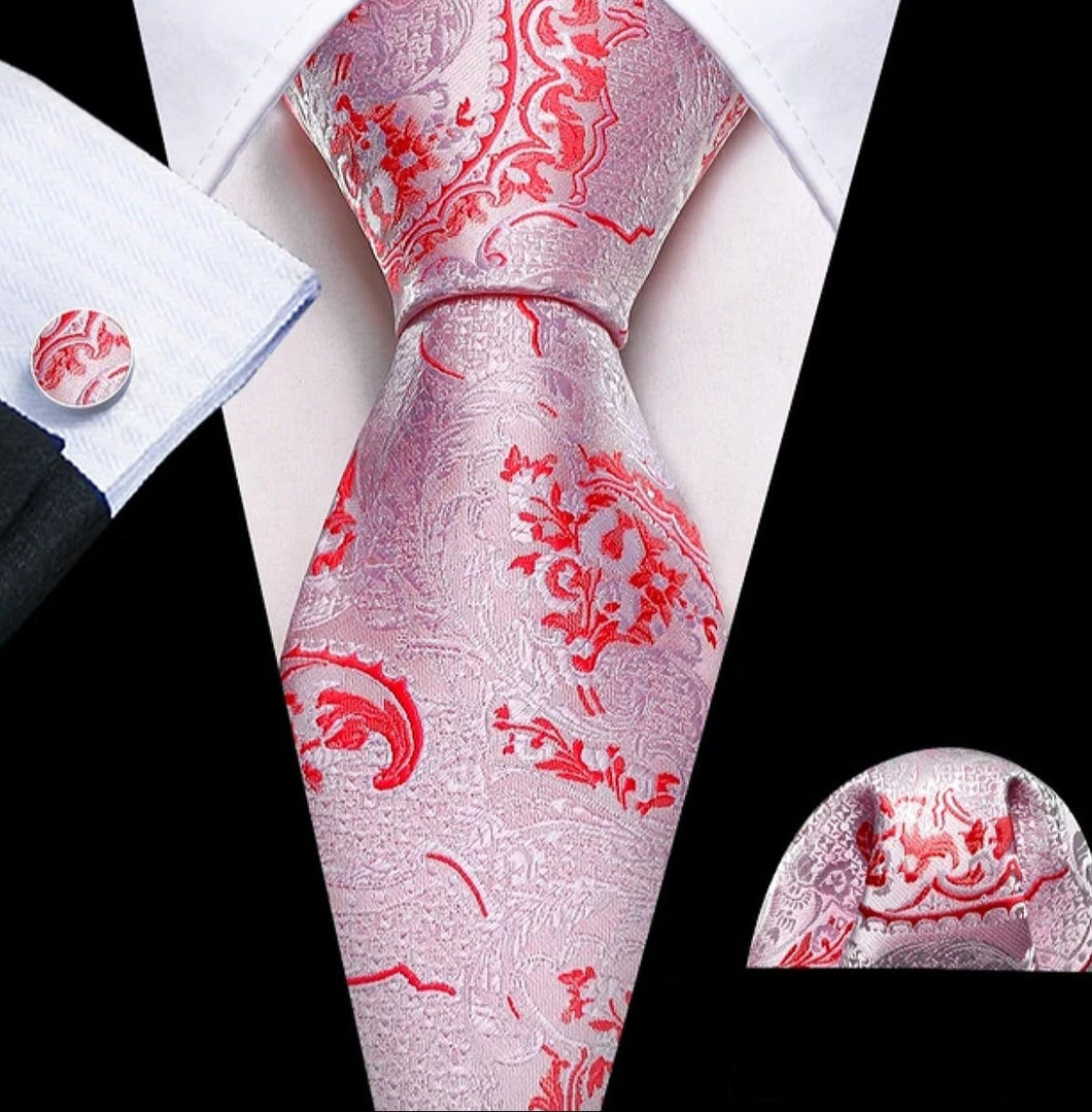 Men's White Red Necktie Pocket Square Cufflink Set
